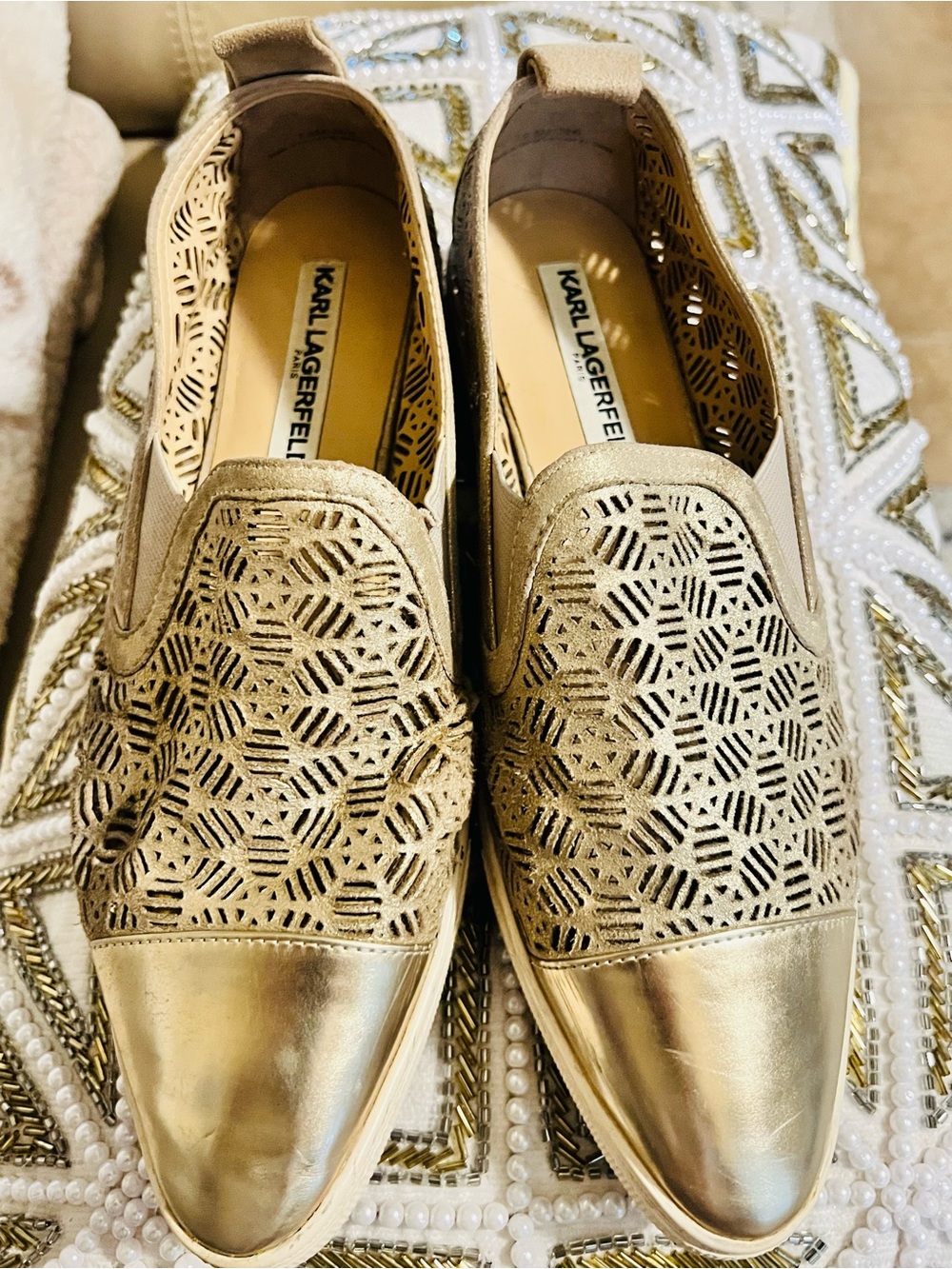 Karl Lagerfeld Gold Laser-Cut Slip-On Loafers/Sneaker Size 7.5